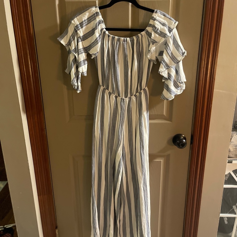 Chic Nation Blue and White Striped Jumpsuit